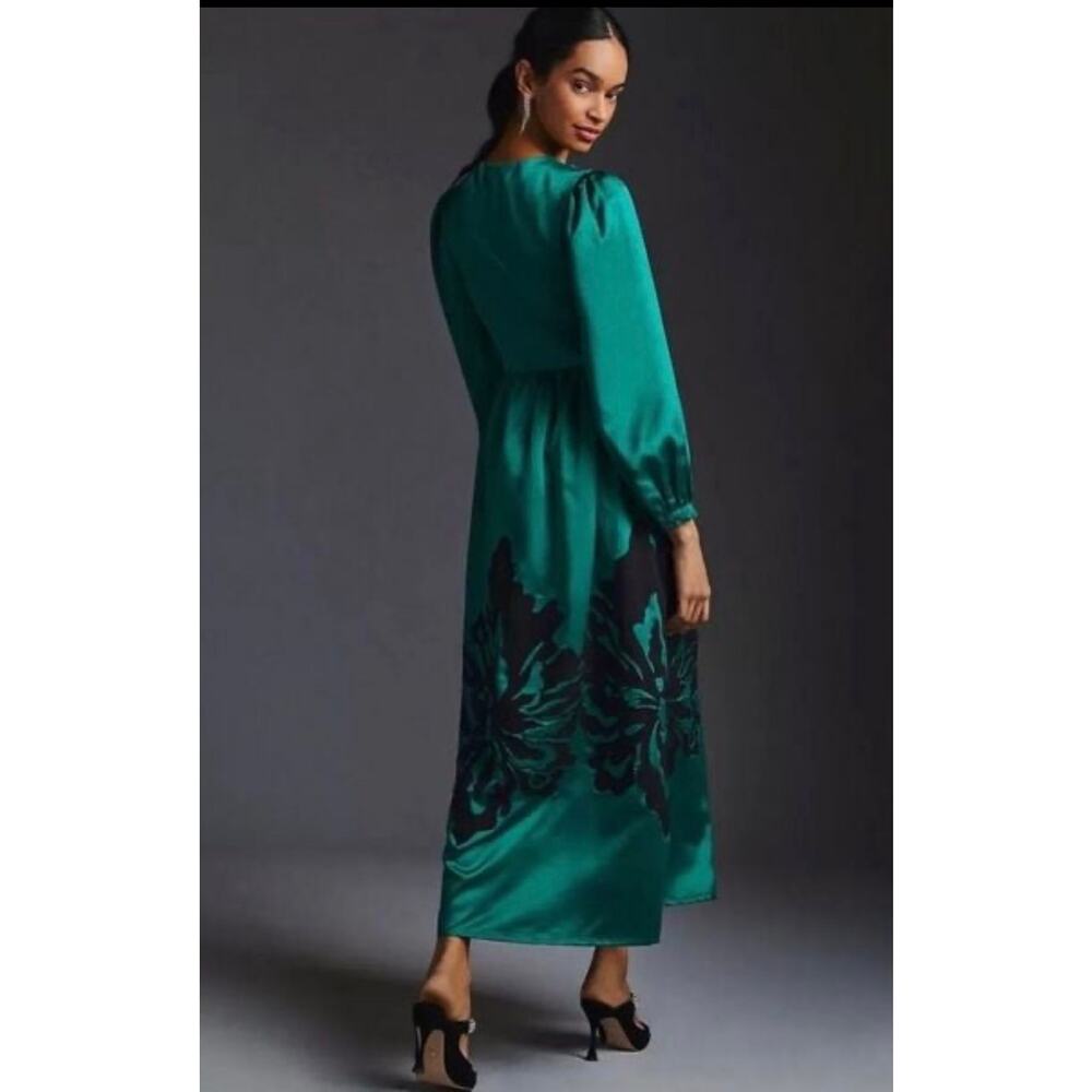 Anthropologie x Nikasha Embroidered Satin Maxi Dress Emerald Green Size Medium - Picture 2 of 12